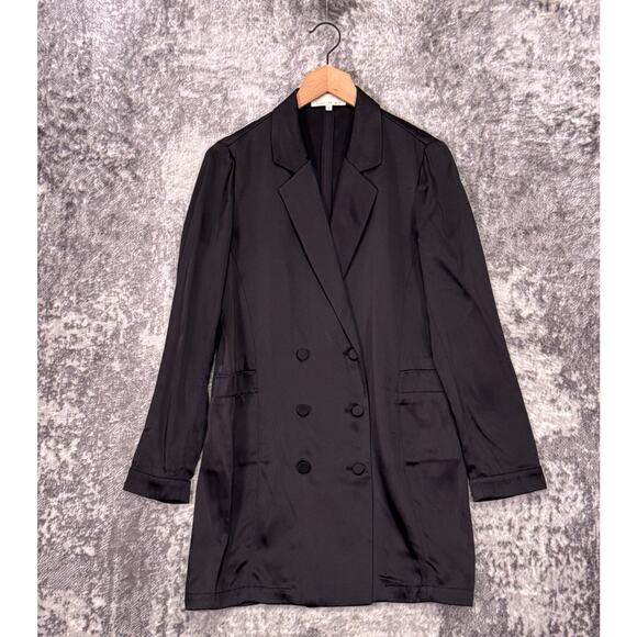 Fleur Du Mal Blazer Dress 4 Womens Black Satin Double Breasted Mini Silk Trim - Picture 1 of 8